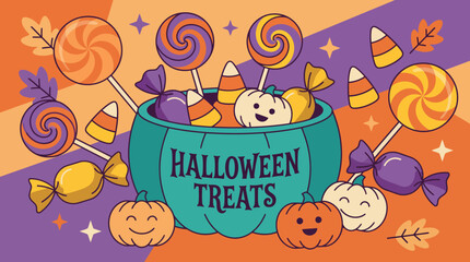 Naklejka premium Halloween treats with candy and pumpkins festive illustration