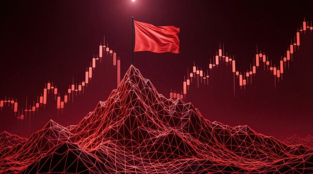 Red flag flies atop a digital mountain peak graph background. Red candlesticks show market trend volatility. Concept visualizes finance risk and investment performance.