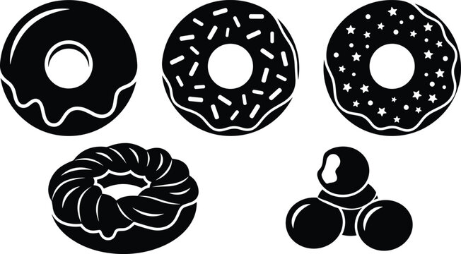 Glazed donuts and sweet bakery silhouettes vector icons set isolated on white background for cafe menu