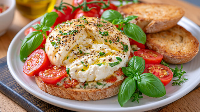 Gourmet burrata cheese cut open on a dark wooden board with creamy stracciatella exposed, drizzled with olive oil and sprinkled with cracked black pepper, fresh basil, tomatoes and toasted artisan b