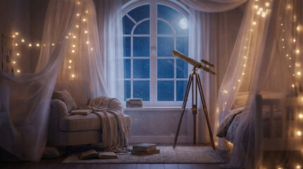 Fototapeta premium Dreamy Night Bedroom: Concept for Mental Health, Imagination, and Inner Peace