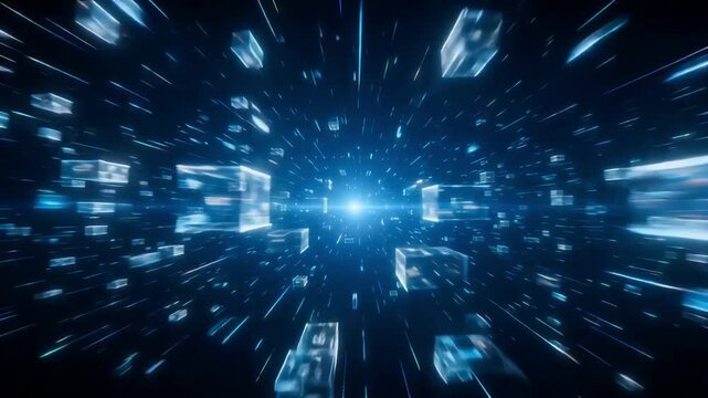 Glowing blue data cubes moving fast through digital space in this abstract motion animation video footage