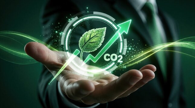 Businessperson holds digital emblem showing CO2 reduction and leaf symbol with rising green arrow. Concept for carbon credits and environmental tech solutions.