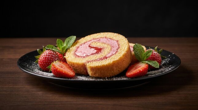 A delectable strawberry roll cake with fresh berries and mint leaves on a black plate against a dark wooden background