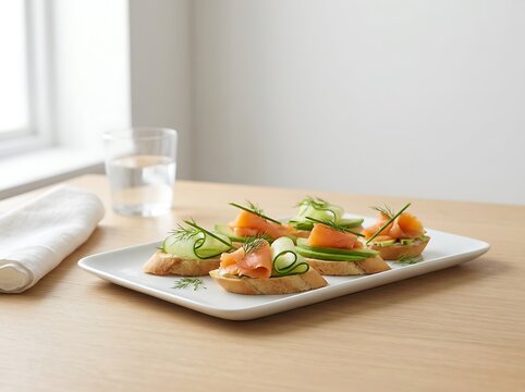 Fresh salmon appetizers with cucumber and dill on a white plate for a fancy dinner party food. Sandwich appetizer ideas