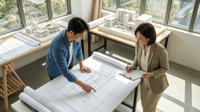 Business - Asian architect man and woman reviewing blueprints and architectural models in office