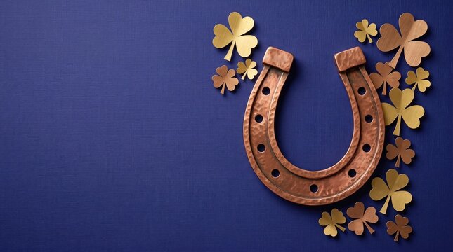 Copper horseshoe with lucky shamrocks against a deep blue textured background