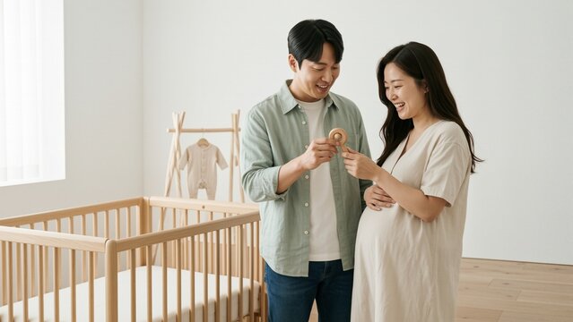 Family - Asian pregnant woman and her husband smiling while holding a baby toy in nursery room