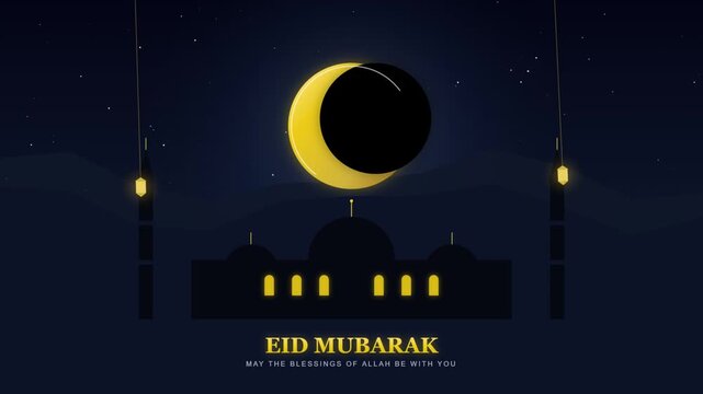 Crescent moon rises above a white mosque against a dark blue gradient background