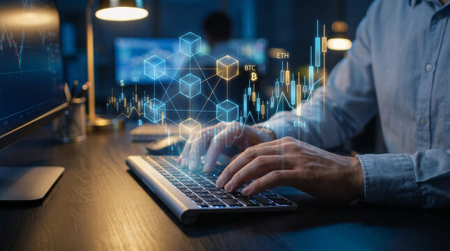 Financial analyst trading cryptocurrency using advanced 3D holographic charts.