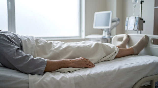 Patient resting in a hospital bed with medical equipment nearby