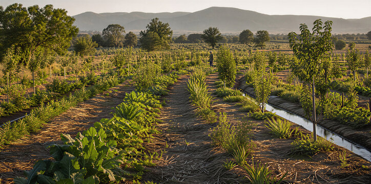 Wide view of a diverse farm with rows of crops and young trees. Regenerative agriculture and agroforestry concept with irrigation canal and mountains in background