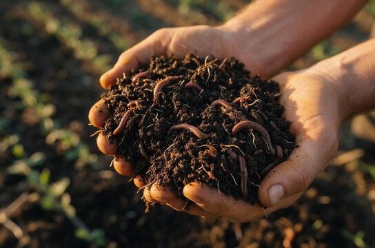 Close up of farmer hands holding dark rich soil with earthworms. Fertile earth and organic vermicompost for sustainable agriculture concept