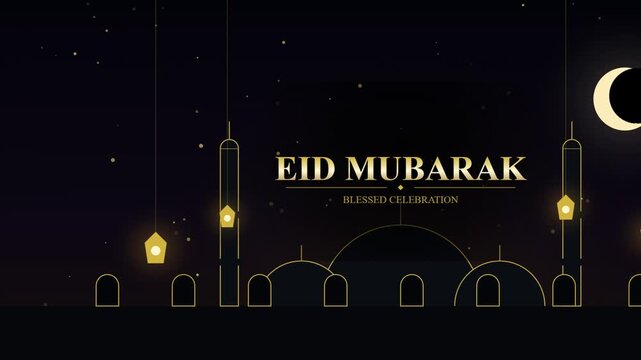Golden crescent moon and mosque silhouette illuminate a dark background during eid mubarak celebrations