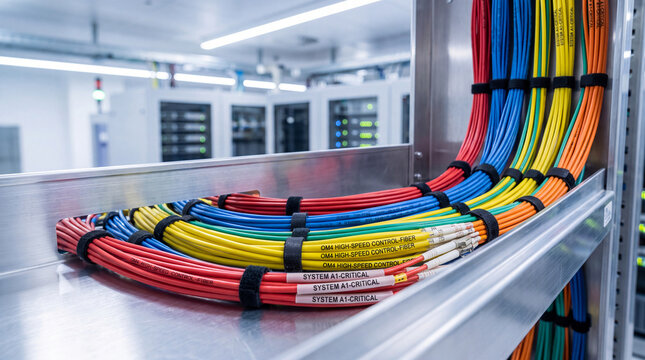 Colorful bundled electrical cables installed inside an industrial control cabinet, highlighting electrical systems and organized wiring.