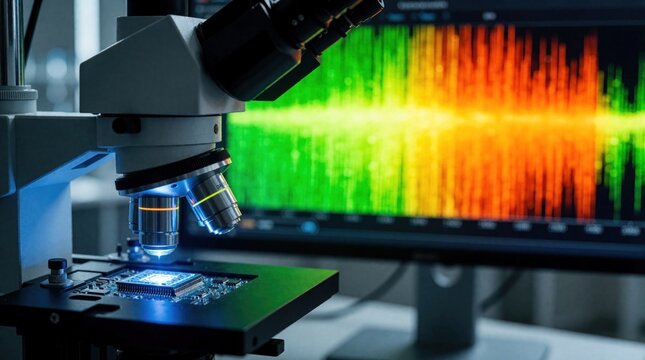 Microscope analyzes circuit board. Computer screen displays spectrum analysis graph. High tech research lab setting. Science experiment in progress. Modern innovation in electronics.
