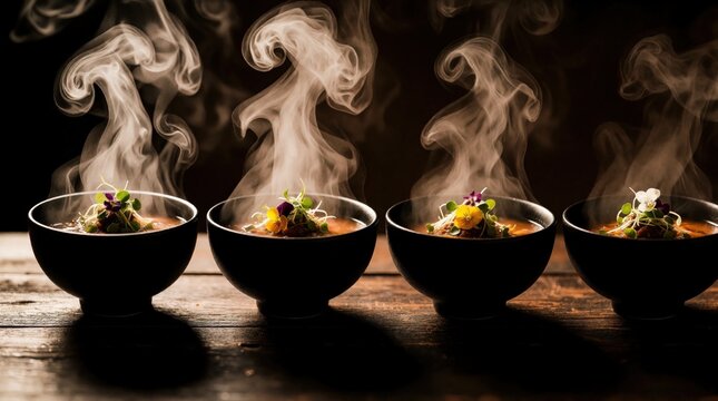 Four black bowls of steaming hot soup with garnishes sit on rustic wooden table. Wisps of steam rise from rich broth, suggesting flavorful and warming meal. Dark background makes food stand out.
