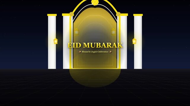 Golden archway displaying Eid Mubarak text transitions on a dark blue background transition