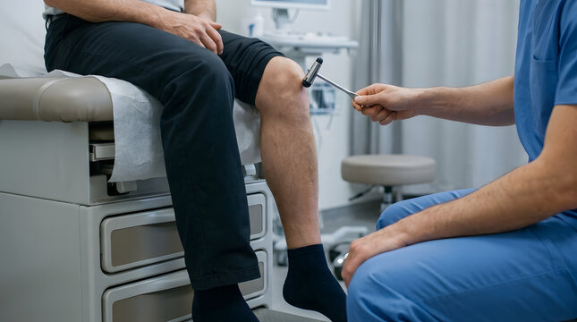 Doctor examines patient s knee with reflex hammer in medical office