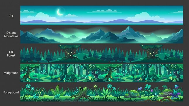 Illustrated fantasy forest landscape with layered parallax mountains and glowing flora for digital art projects