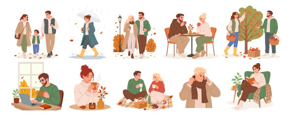 Fototapeta premium Cozy Autumn Lifestyle Collection with People Enjoying Seasonal Activities and Everyday Moments. Vector Illustration.