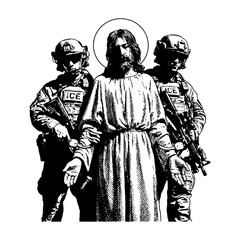 Obraz premium Religious figure detained by armed officers