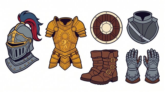 Medieval fantasy armor set including helmet, chestplate, shield, boots, and gauntlets for game design