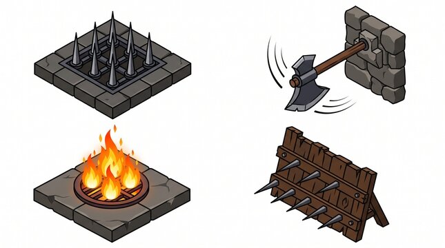 Medieval blacksmith forging spikes and sharpening axe in dungeon workshop with anvil and fire