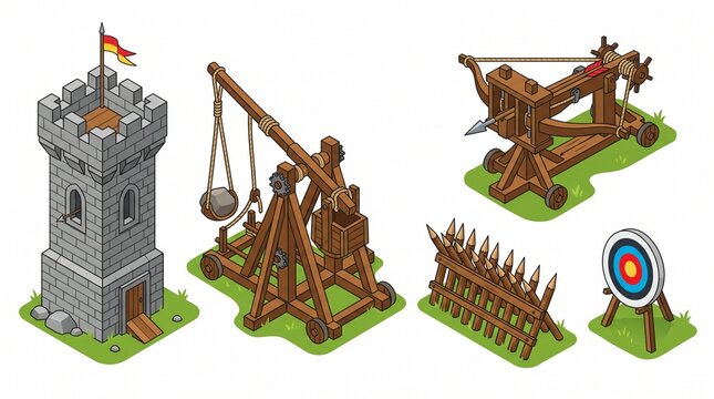 Medieval siege weapons and castle tower illustration for game development and educational projects