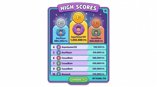 Mobile game leaderboard UI display showing top players with score points and avatars in vibrant digital interface