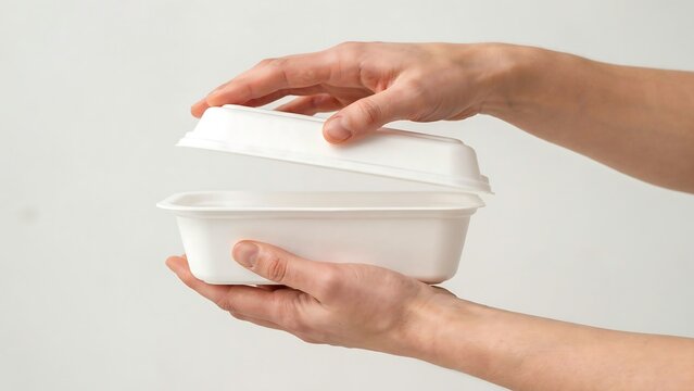 Close-up side view of hands holding an empty biodegradable white food container with the lid slightly open isolated on a plain studio background