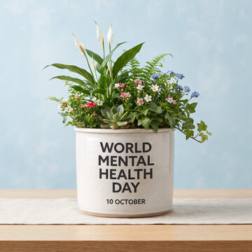 World Mental Health Day 10 October Typography with Green Plant and Ceramic Pot