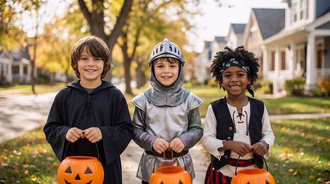 Three boys in ninja, knight and pirate costumes carrying Halloween pumpkin buckets while trick or treating outdoors in a suburban neighborhood