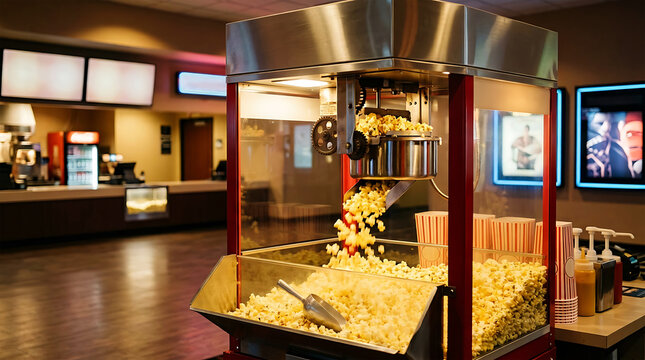 Commercial Popcorn Machine Pouring Fresh Butter Popcorn at Cinema Counter
