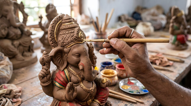 Artisan Handcrafting Lord Ganesh Clay Statue Close up Indian Sculptor Painting Golden Details on Ganpati Idol for Ganesh Chaturthi Festival Celebration