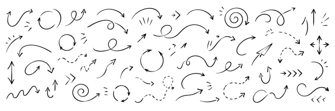 Hand Drawn Curved Arrow Doodle Collection, Dynamic Directional Sketch Elements