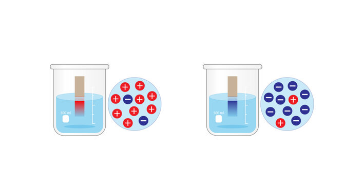 PH paper indicator. Acidic, basic solutions. Color change of indicator paper to red for acids, to blue for bases. Vector scientific design illustration.