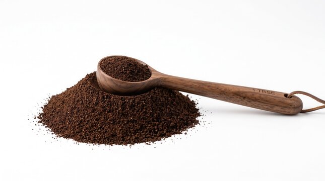 Wooden measuring spoon filled with ground coffee beans resting on a pile of coffee grounds isolated on white background