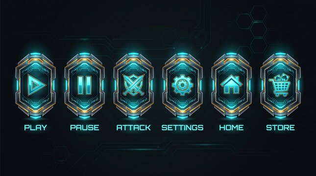 Futuristic game interface buttons for play pause attack settings home and store in sci-fi digital environment