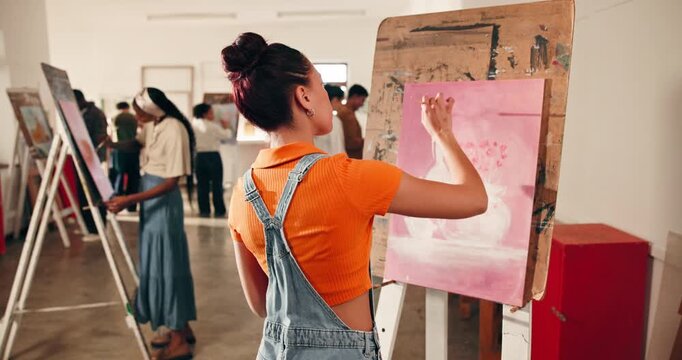 Art, woman or painting on canvas in class to practice skill, drawing development or creative process. Student, artist and person with brush stroke for artistic picture, learning and back in studio
