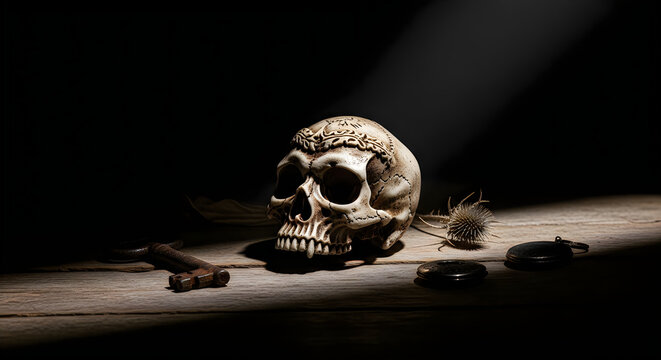 Human skull with antique keys and pocket watch in dramatic lighting