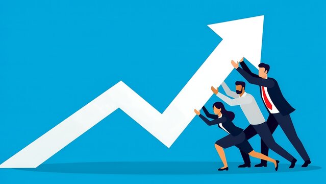 A dynamic team of business professionals working together to push a large rising white arrow chart upwards symbolizing growth and financial success