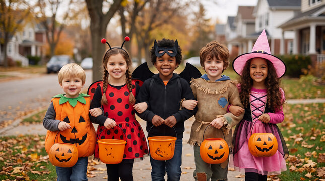 Five children in pumpkin, ladybug, bat, scarecrow and witch costumes carrying Halloween buckets while trick or treating in a suburban neighborhood