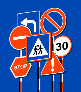 Colorful Road Signs Illustration with Traffic Symbols on Blue Background