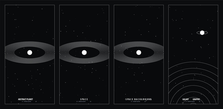 Minimalist cosmic space themed poster design series featuring abstract planetary orbits and celestial stars in a sleek vertical dark layout