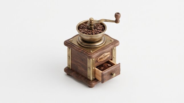 Vintage wooden manual coffee grinder with brass top and drawer filled with coffee beans on a clean white background. Rustic, tactile kitchen object evoking aroma, craft, and morning coffee ritual.