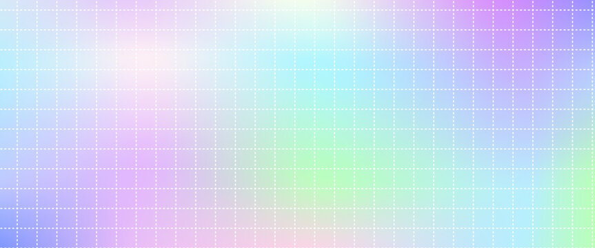 Pastel gradation with dash grid and holographic foil and pearlescent gradient in soft degrade for product label. Pastel sky and rainbow blend. Vector iridescent backdrop for spa packaging banner