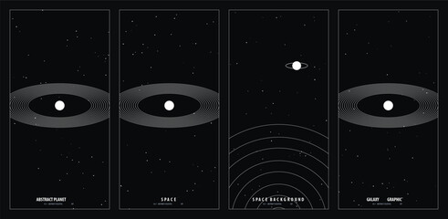Minimalist celestial outer space wall art poster design featuring abstract planetary rings and cosmic star fields in a modern monochromatic dark aesthetic © Mukul