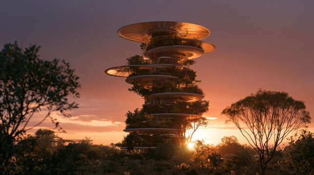 A tall living building rises against a dramatic sunset sky, featuring terraced gardens and solar collection surfaces for energy.