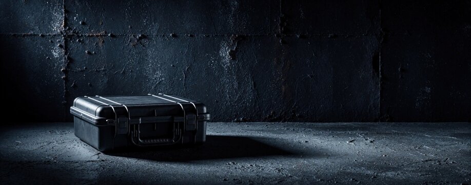Black hard case sits on dark textured ground in studio. Minimalist protective equipment box with dramatic shadows, empty copy space. Pro gear container for sensitive tech tools stays on rough